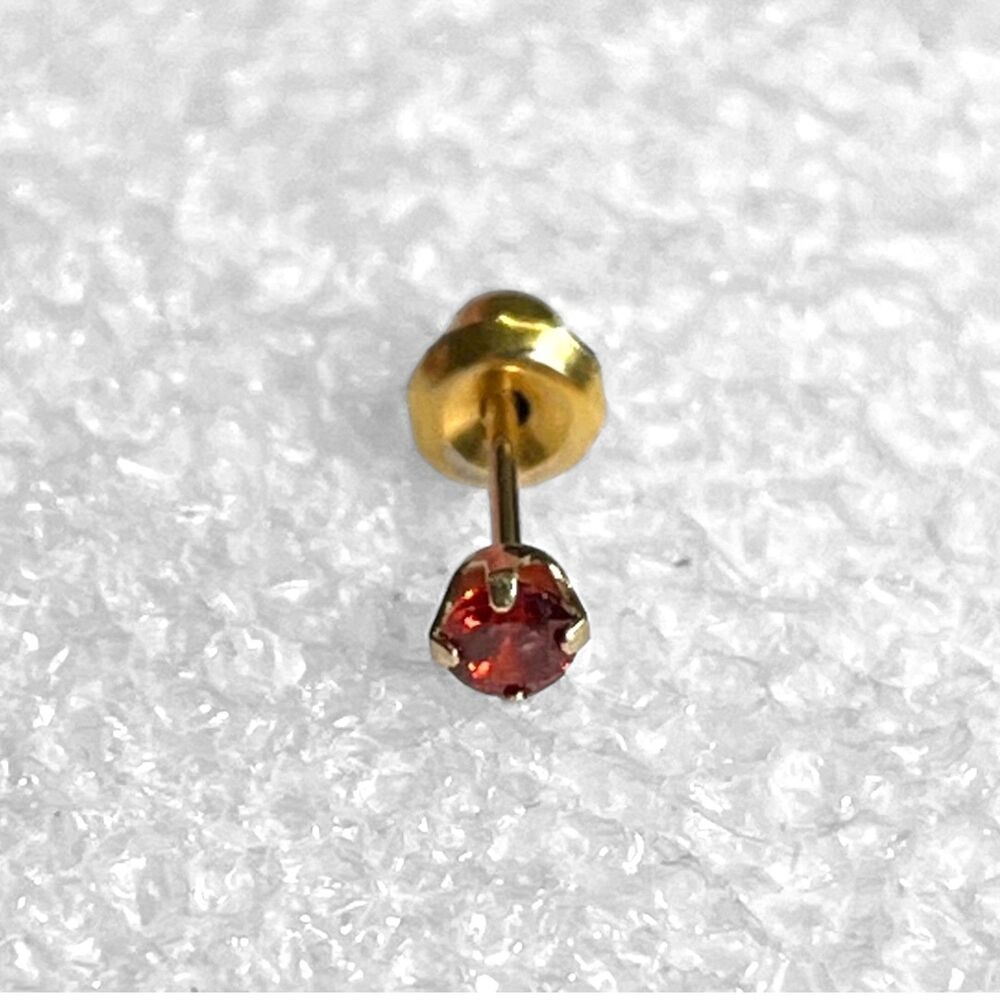 14K Yellow Gold Earring One Single Piercing Stud 3mm Red Stone Safety Bell Back